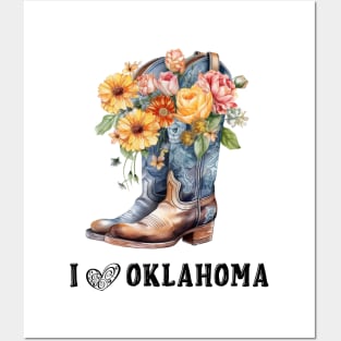 I Love Oklahoma Boho Vintage Cowboy Boots with Flowers Posters and Art